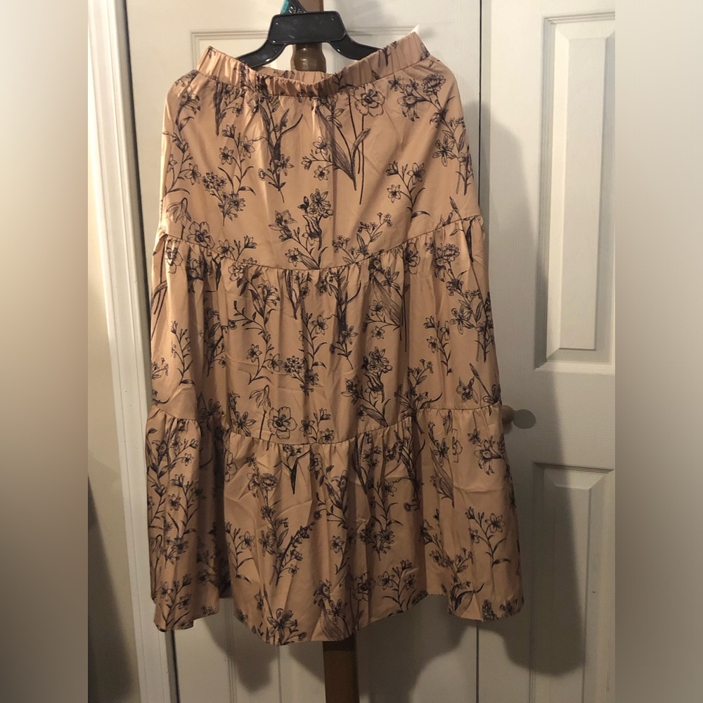 Beige with Navy Blue Floral A-Line Skirt
